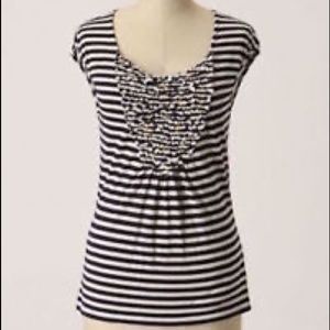 Anthropologie Green and Cream Striped Ruffle Front Cap Sleeve Top